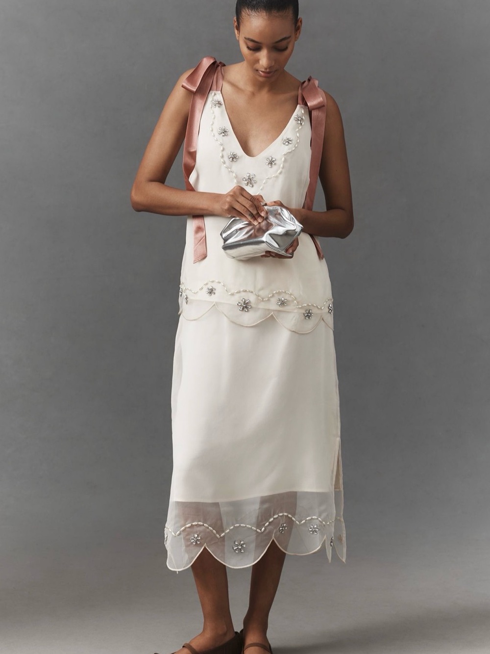 Anthropologie embellished 2 piece set top &skirt midi ivory